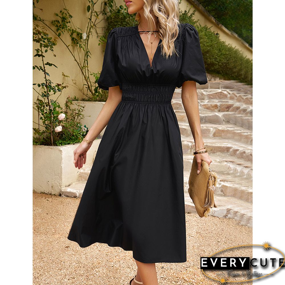 Black Solid V Neck Pleated Waist Midi Dress