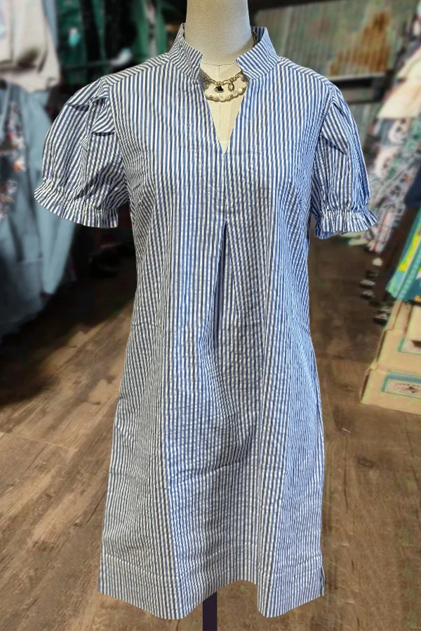 Stripe Split Neck Puff Sleeve Mini Dress