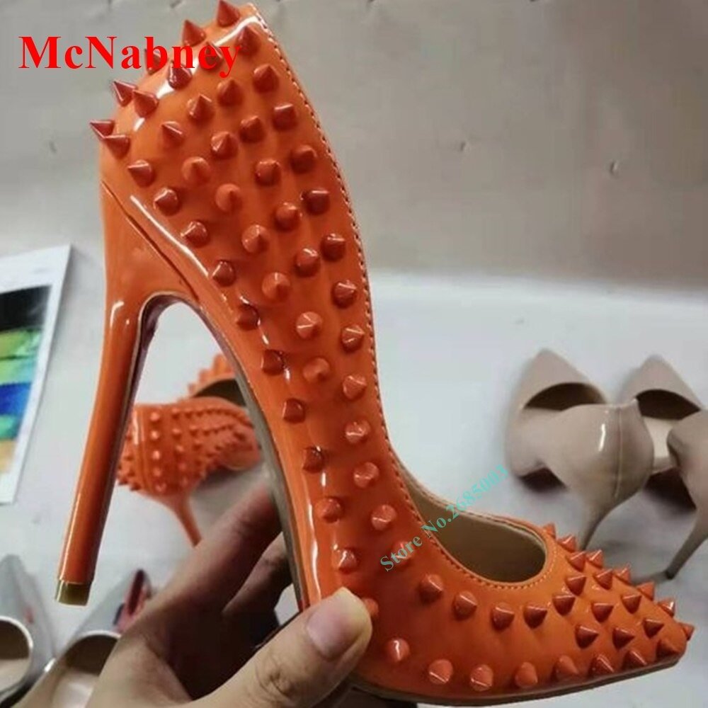 New Punk Spikes High Heels Pumps Women Shoes Pointed Toe Solid Shallow Stiletto Heel Pumps Slip On Summer Party Dress Shoes Sexy