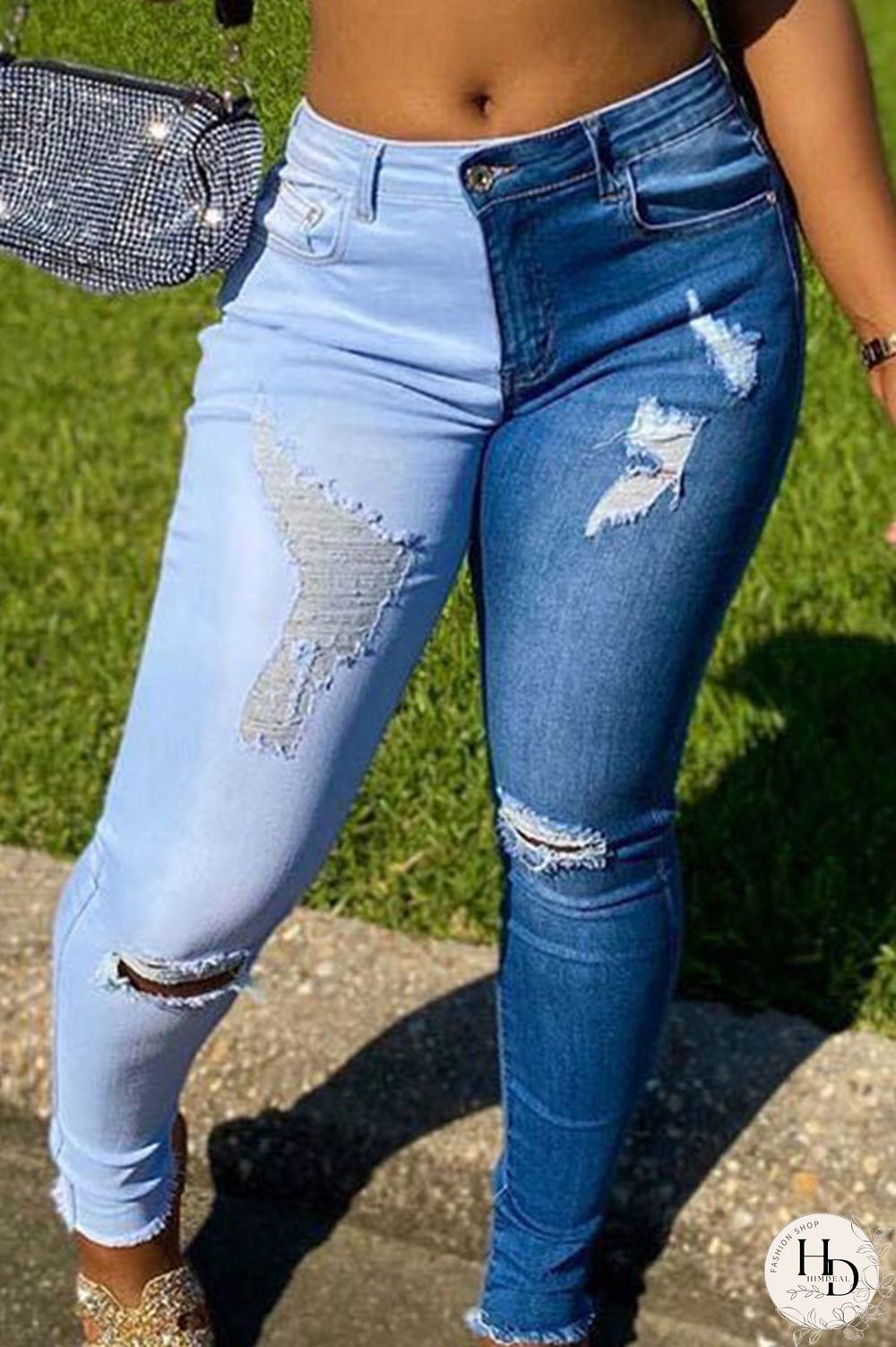 The cowboy blue Casual Color Lump Patchwork Solid Ripped Make Old Pocket Mid Waist Skinny Denim