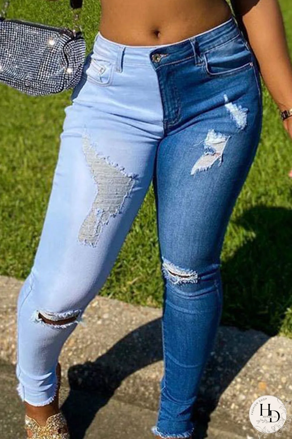 The cowboy blue Casual Color Lump Patchwork Solid Ripped Make Old Pocket Mid Waist Skinny Denim