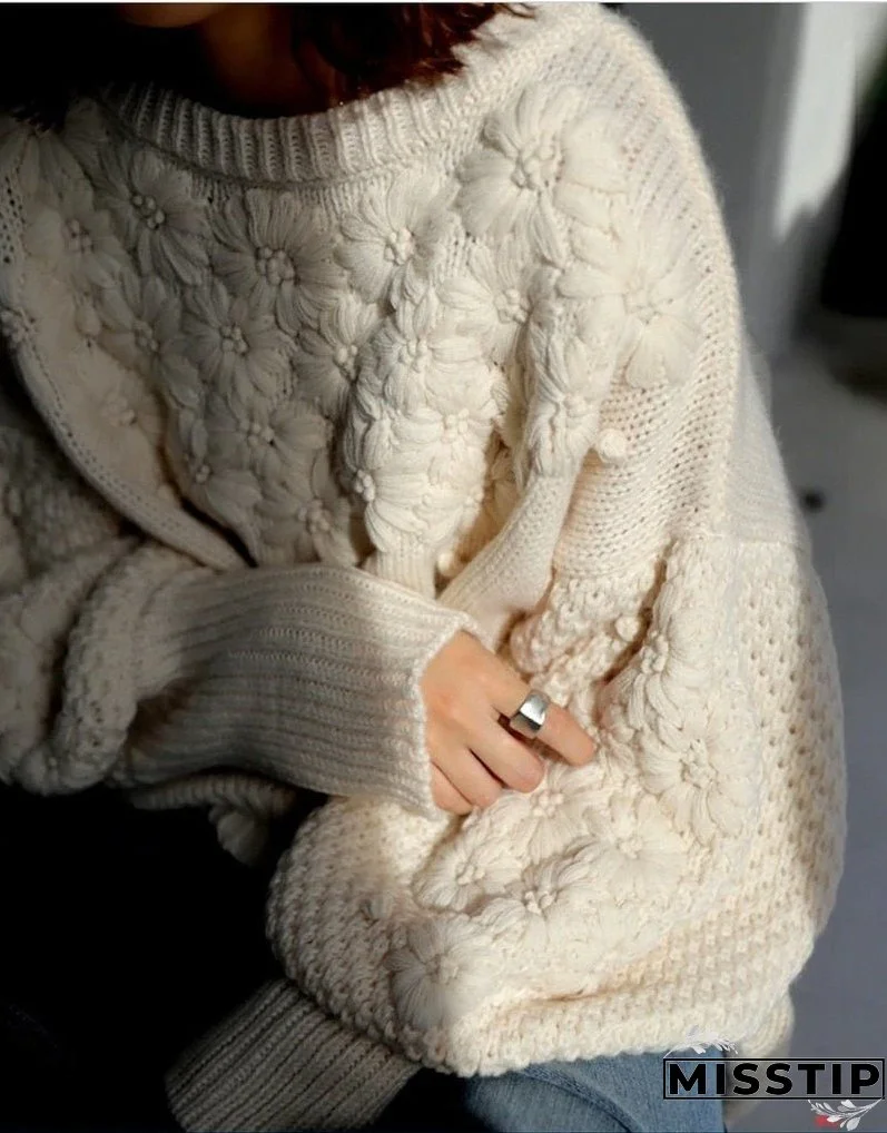 Thanksgiving Gift Vintage Daisy Embroidery Sweaters Women Korean Style Loose Lantern Sleeves Knit Pullovers Female Autumn Winter Thick Warm Jumper