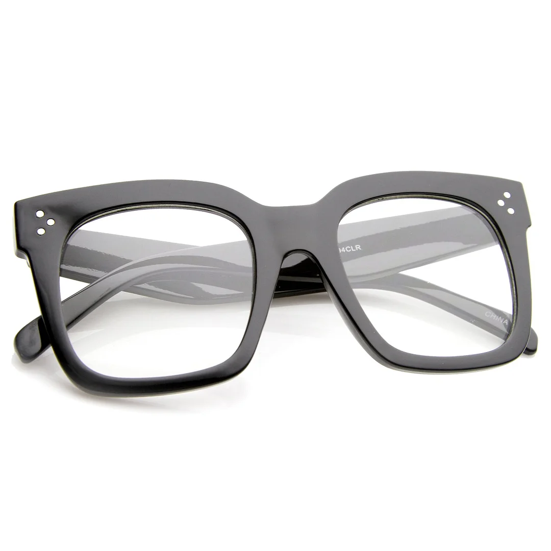 Oversize Wide Temple Flat Lens Horn Rimmed Square Glasses 51mm