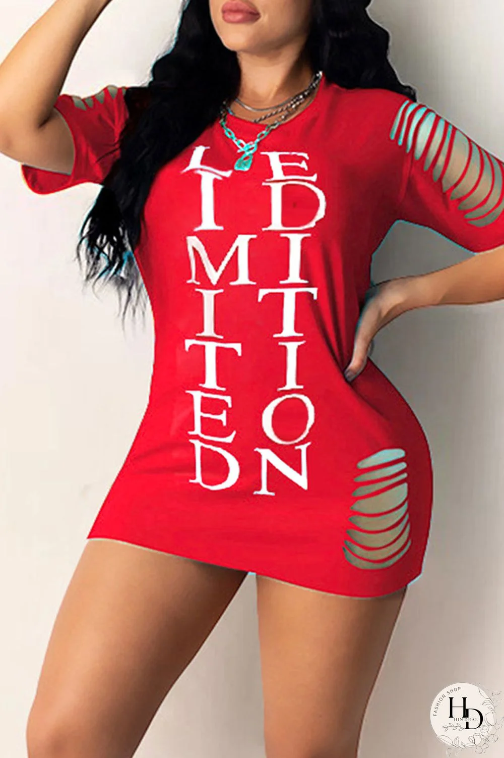 Red Casual Street Print Hollowed Out Patchwork O Neck T-shirt Dress Dresses
