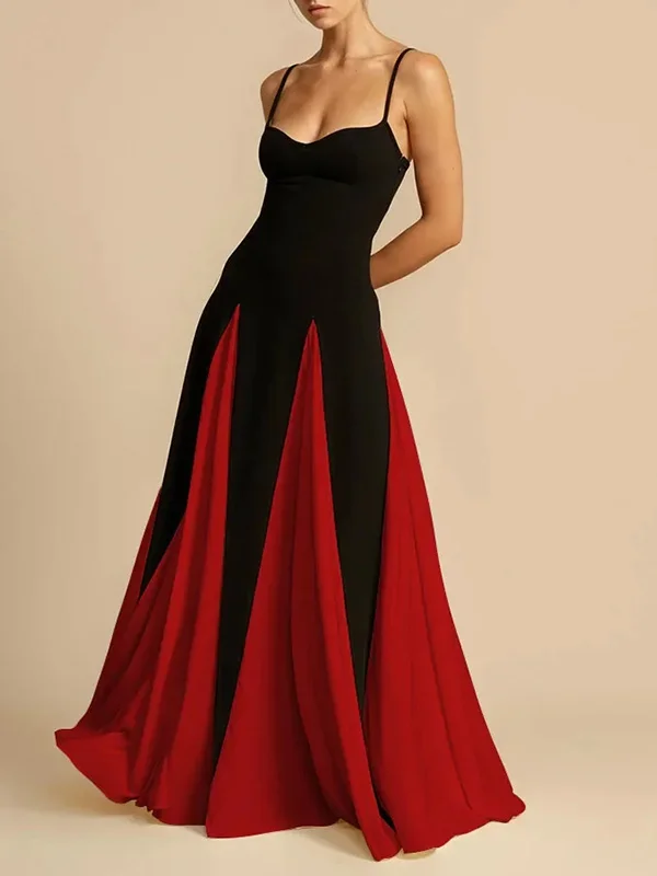 Split-Joint Pleated Contrast Color Sleeveless A-Line Spaghetti-Neck Maxi Dresses Evening Dresses