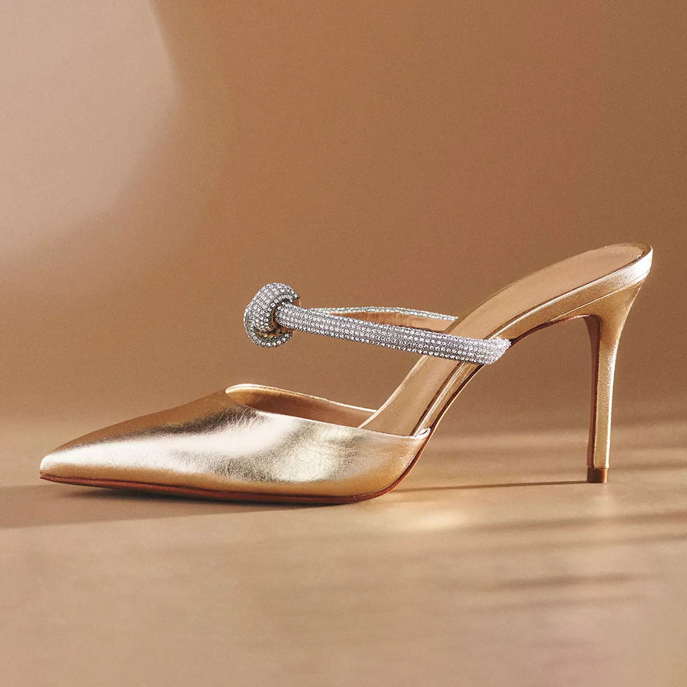 Gold Metallic Pointed Toe Stiletto Heel Rhinestone Mules Nicepairs