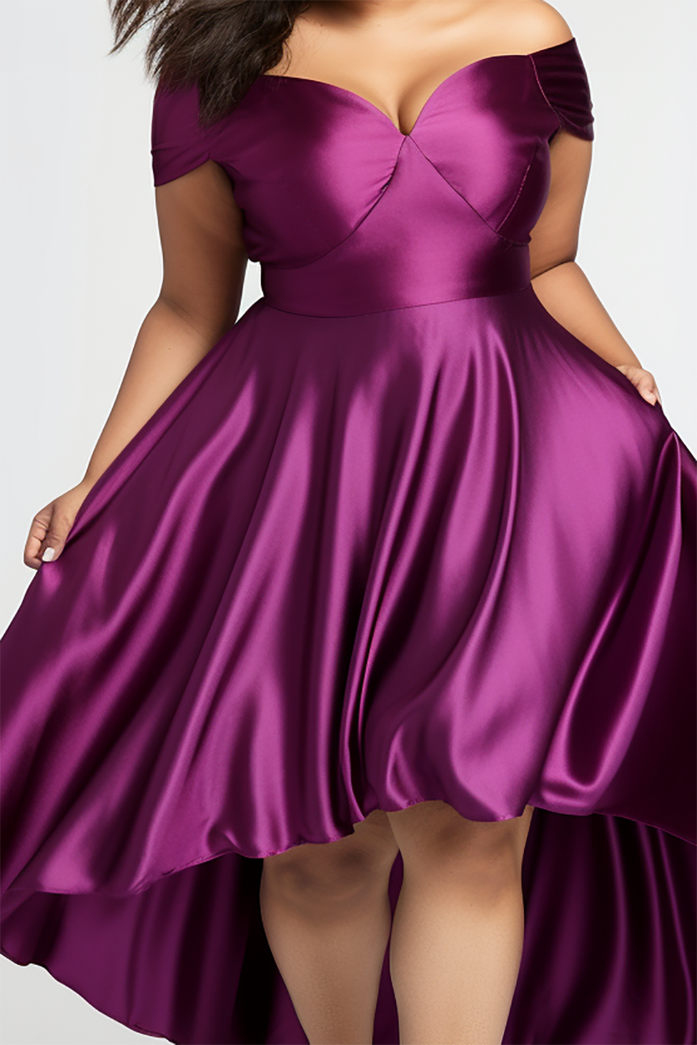 Design Plus Size Mother Of The Bride Midi Dresses Elegant Purple Spring Summer Off The Shoulder Satin Midi Dresses [Pre-Order]
