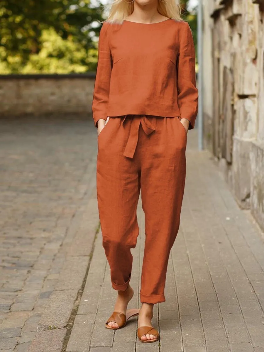 Brownm Women's Fashion Solid Color Casual Pocket Two-piece Simple Retro Elastic Suit