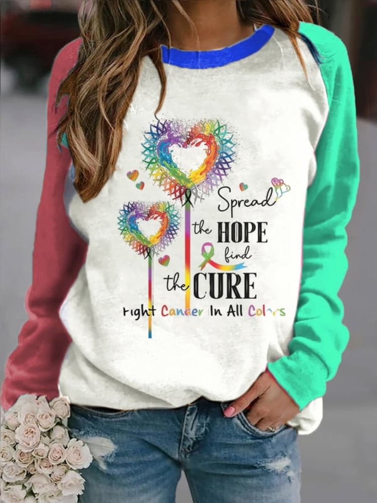 Fight Cancer Ribbon Heart Print Sweatshirt