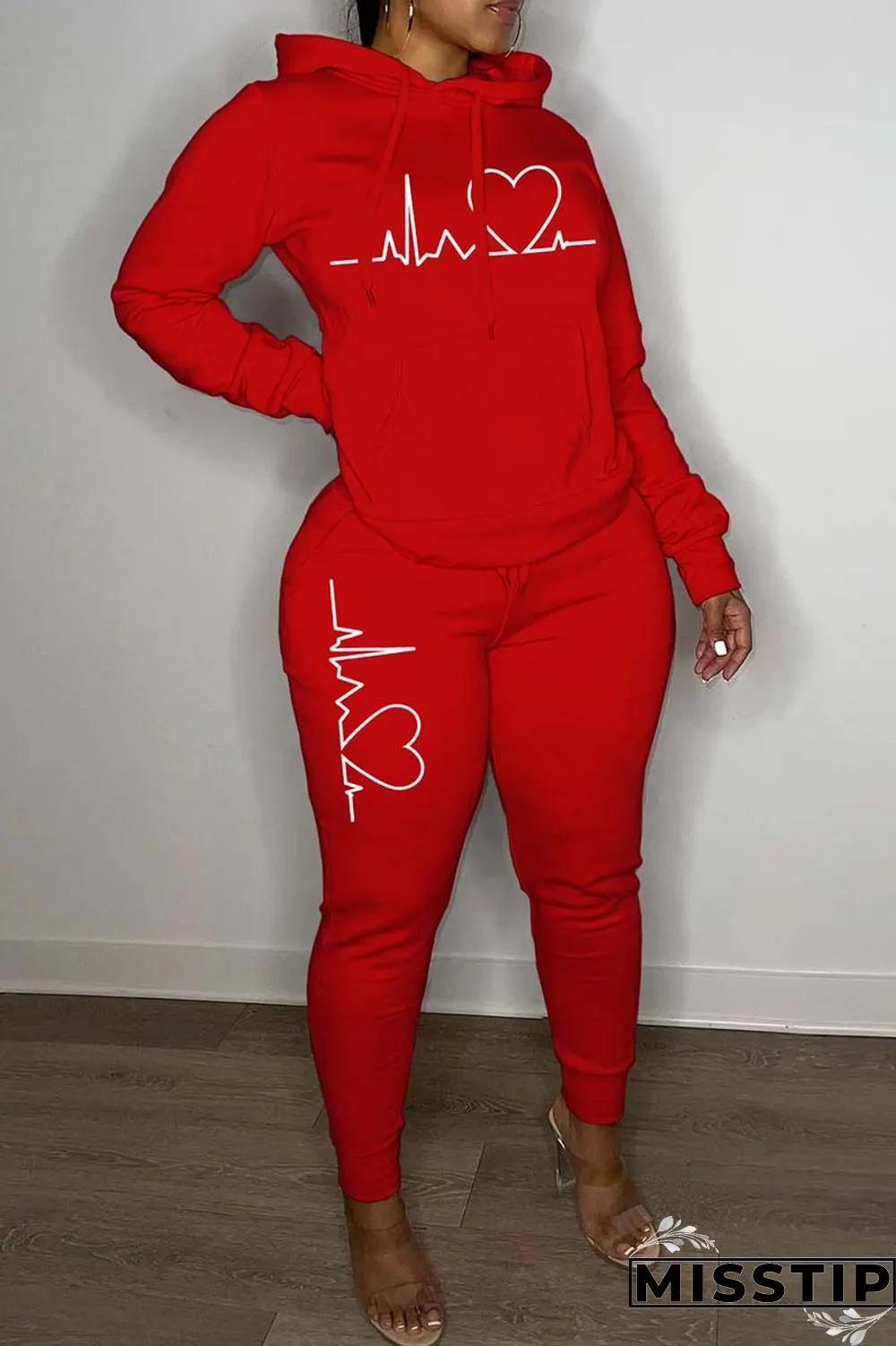 Black Casual Print Basic Hooded Collar Long Sleeve Two Pieces