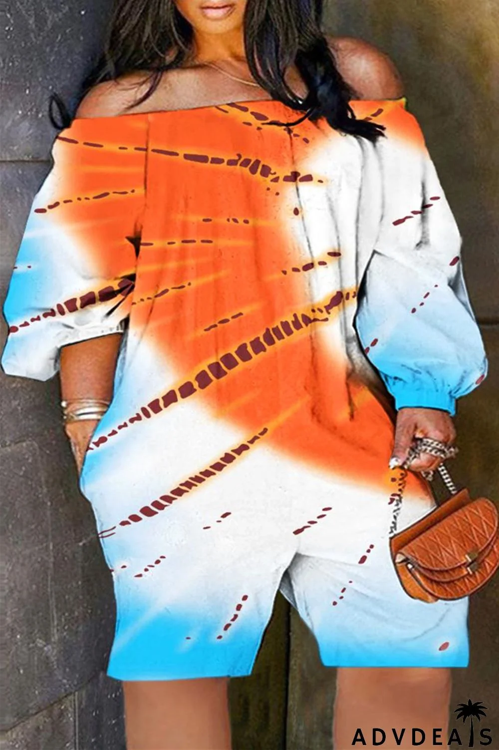 Orange Casual Basis Mixed Printing Printing Off the Shoulder Loose Rompers