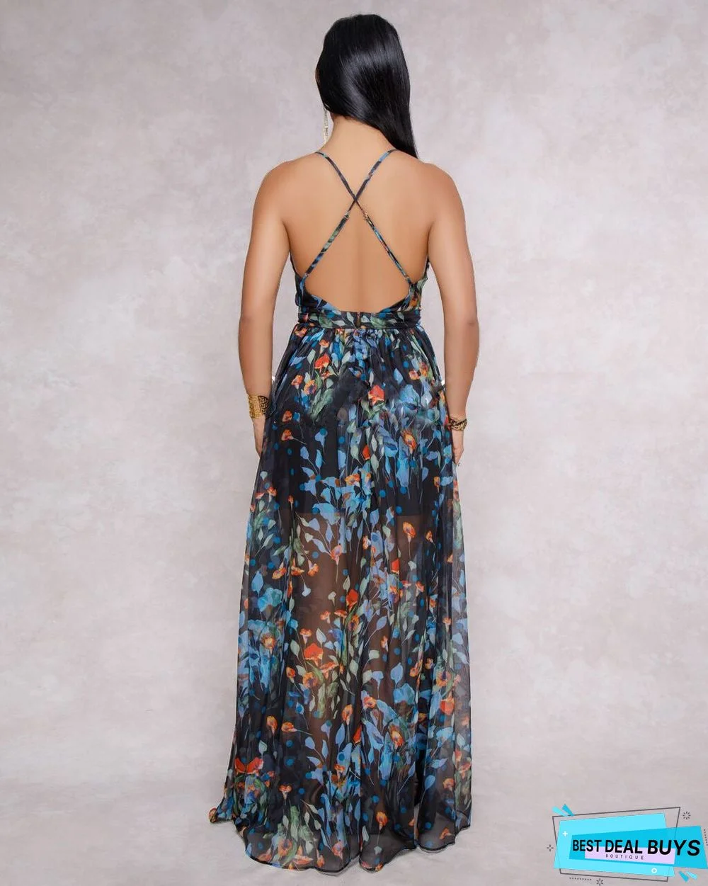 Popular European and American Deep V-Neck Open Back Chiffon Dress