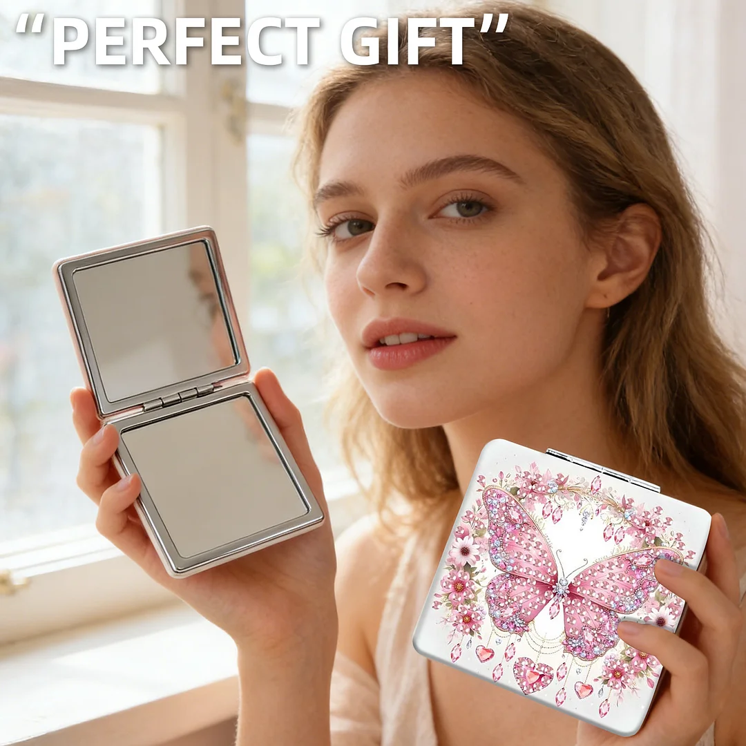 Pink Butterfly DIY Special Shaped Diamond Painting Compact Mirror Kits Diamond Art Painting Pocket Mirror for Beginners Adults Art Craft Woman Gifts