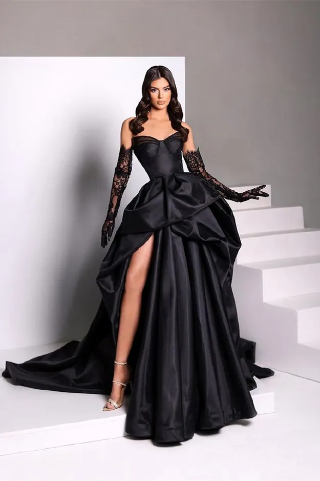 long black dress gloves Black Sweetheart Taffeta Slit Prom Dress With Long Lace Gloves ED0061