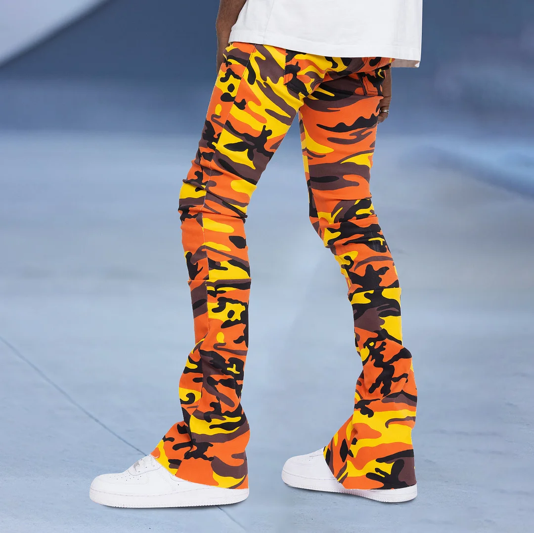 statement street camouflage print stacking trousers