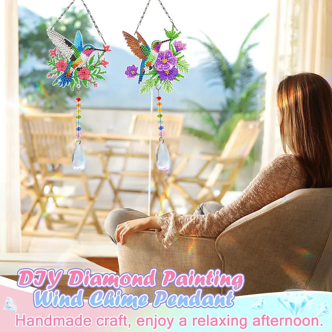 2Pcs Garden Hummingbird DIY Double-Sided Diamond Painting Hanging Kits Diamond Painting Suncatcher Craft Kit for Home Garden Wall Decor Gift