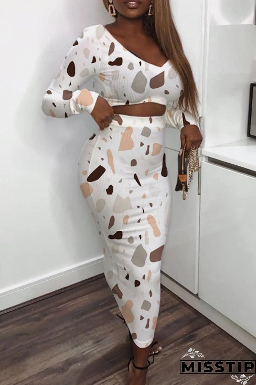 Pink Gray Casual Print Patchwork V Neck Long Sleeve Two Pieces