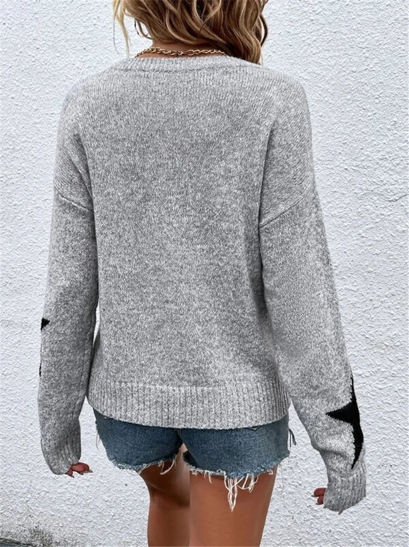 Athvotar Athvotar And Winter Loose Round Collar Star Pattern Knitted Long-Sleeved Sweater