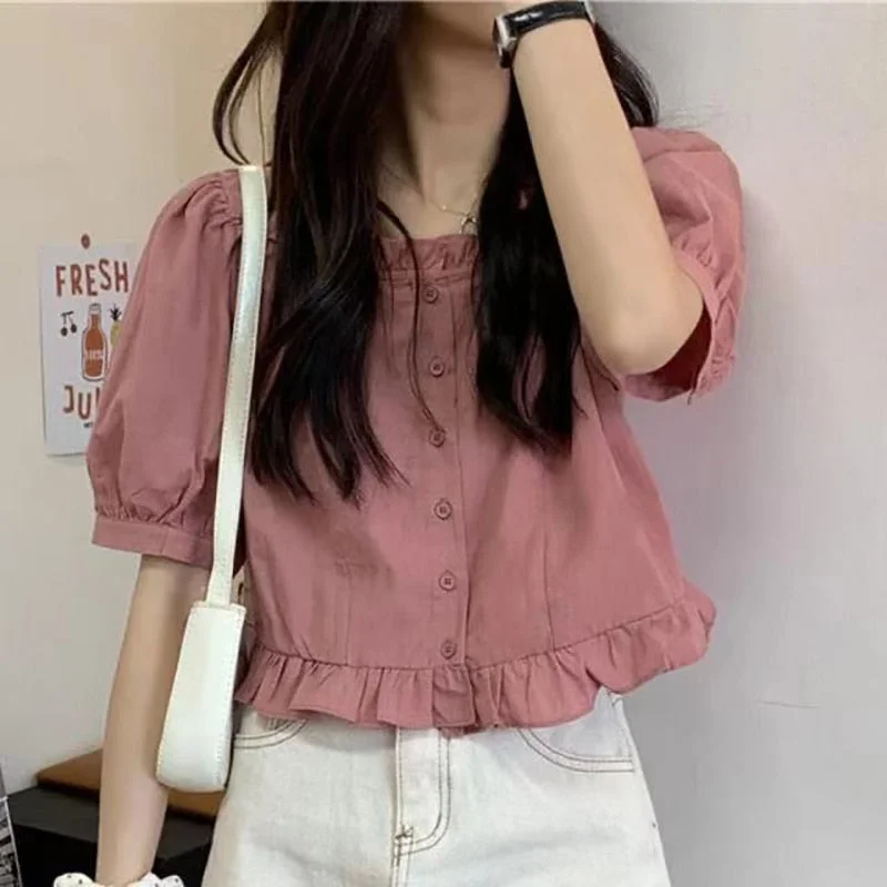 Ruffles Cute Shirt Women Button up Shirt High waist Puff sleeve Crop Top Solid color White Blouse Ladies Tees Elegant