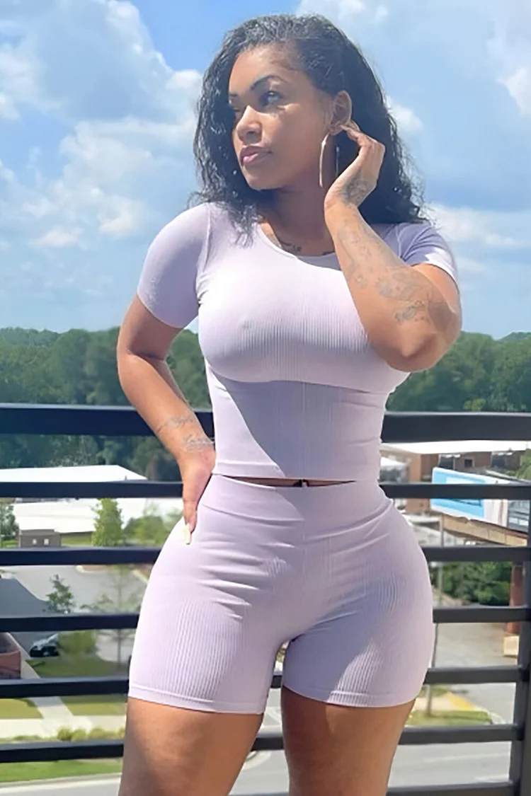 Solid Color Short Sleeve Crop T-shirt High Waist Shorts 2pcs Set-Purple
