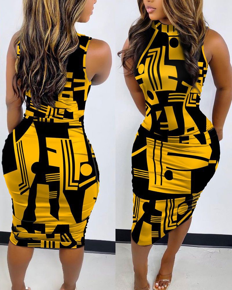 Sleeveless Print Dress Slim Fit Pullover Round Neck Medium Length Dress