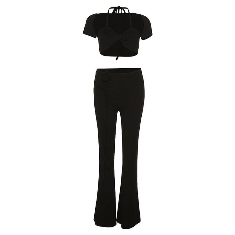 Women Top & Pant 2 Piece Set Summer Sexy Hollow T-shirt Slim Fit Bootcut Trousers Suit