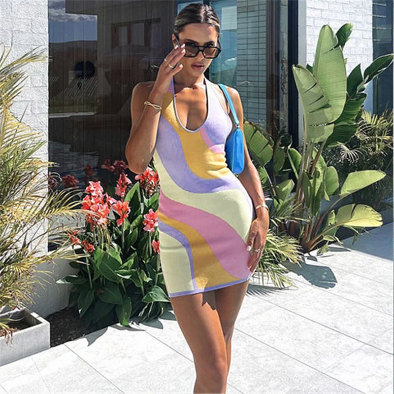 Ueong New Bump Color Jacquard Sexy Dew Back Slim Tight Mini Hang Neck Hair Woven Dress Woman
