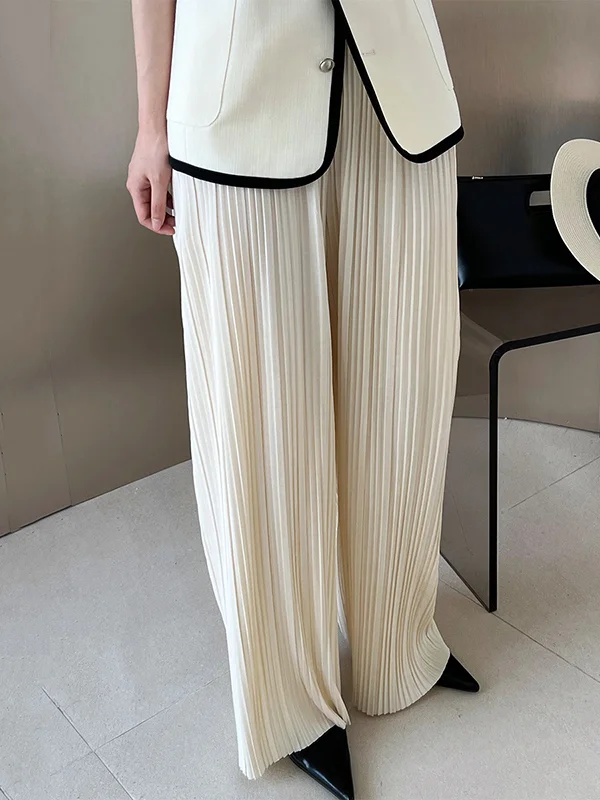  Pleated Solid Color Wide Leg Pants Bottoms