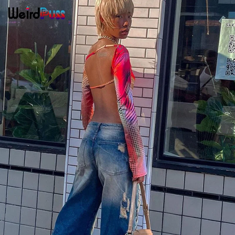 Weird Puss Y2K Colorful Print Crop Tops Women Sexy Backless Long Sleeve T-Shirts Hipster Skinny Hip Hop Tees Autumn Streetwear
