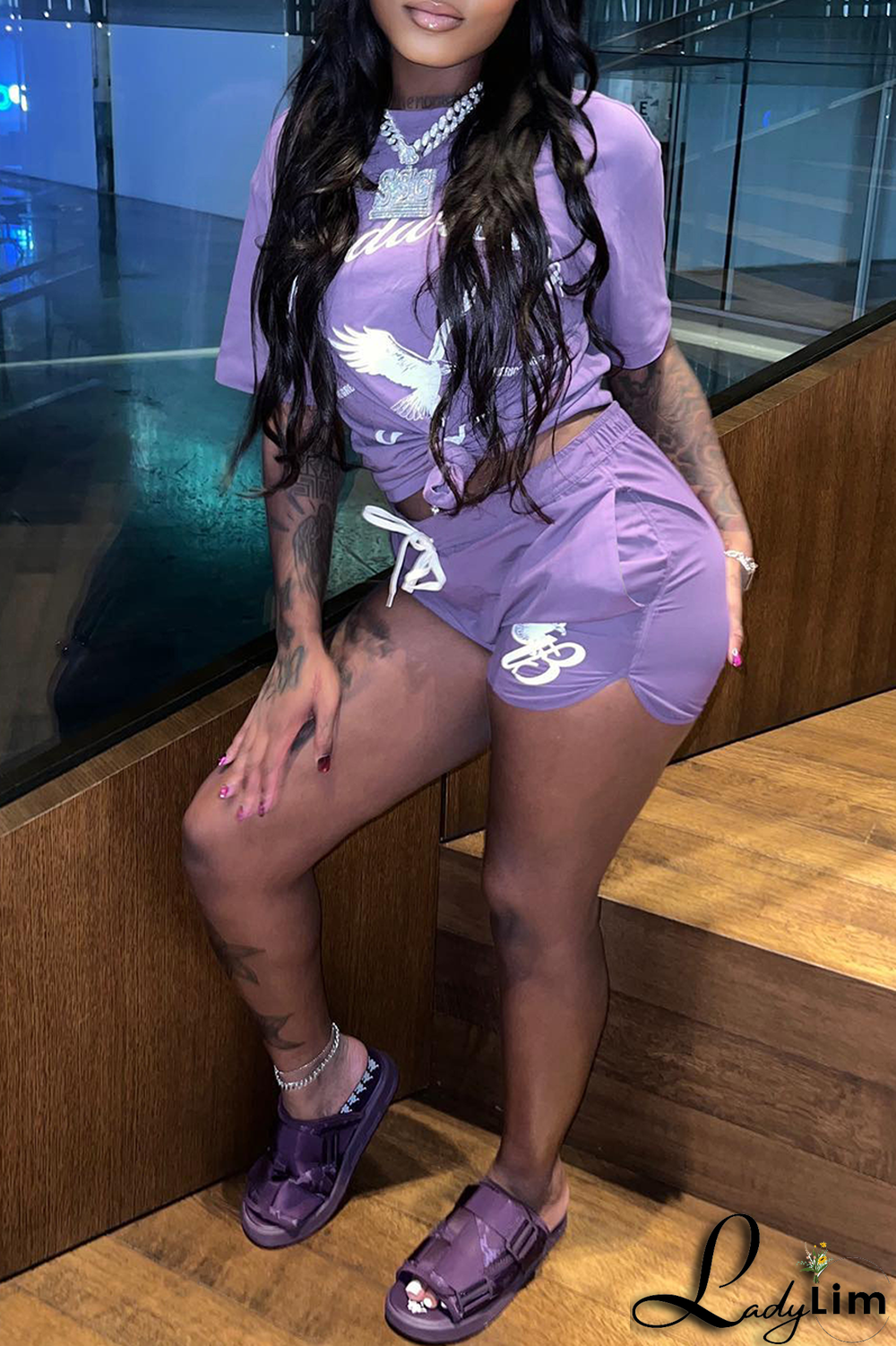 Red Fashion Print Split Joint O Neck Short Sleeve Two Pieces