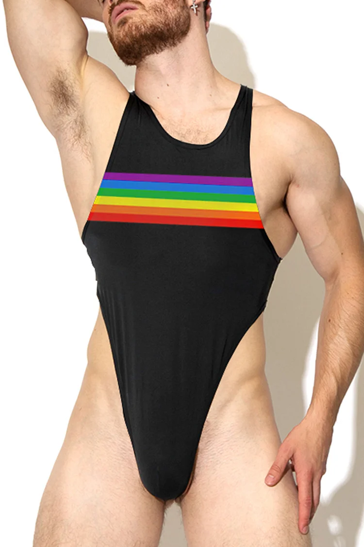 Rainbow Striped Print Cross Back U-Neck Bodysuit 