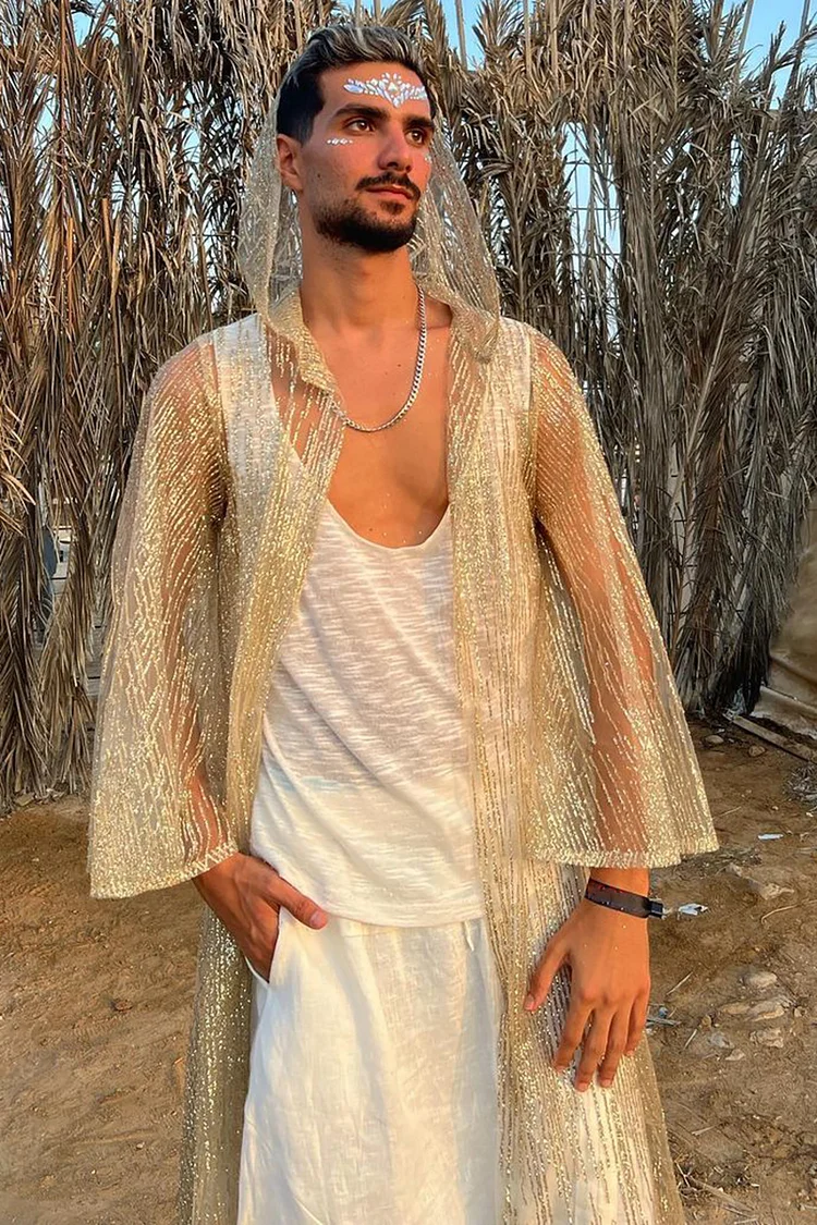 Hooded Mesh See Through Sequin Long Sleeve Solid Color Kimono