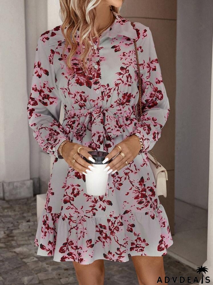 Floral Print Ruffle Hem Belted Shirt Dress