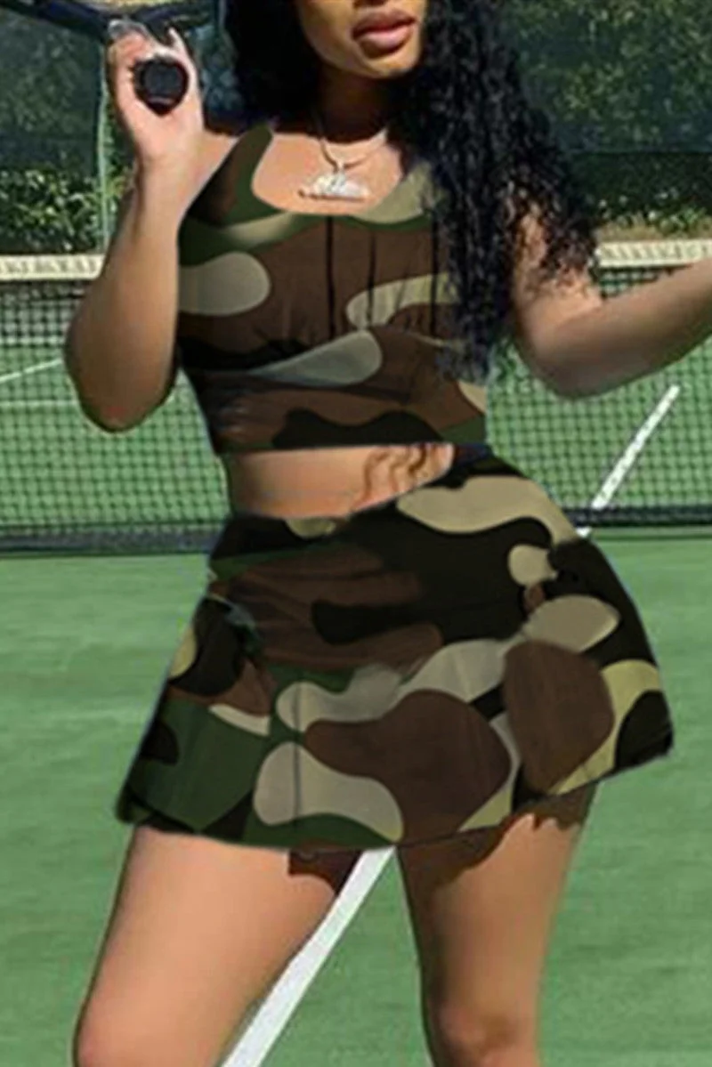 Sexy Sportswear Camouflage Print Vests U Neck Sleeveless Two Pieces