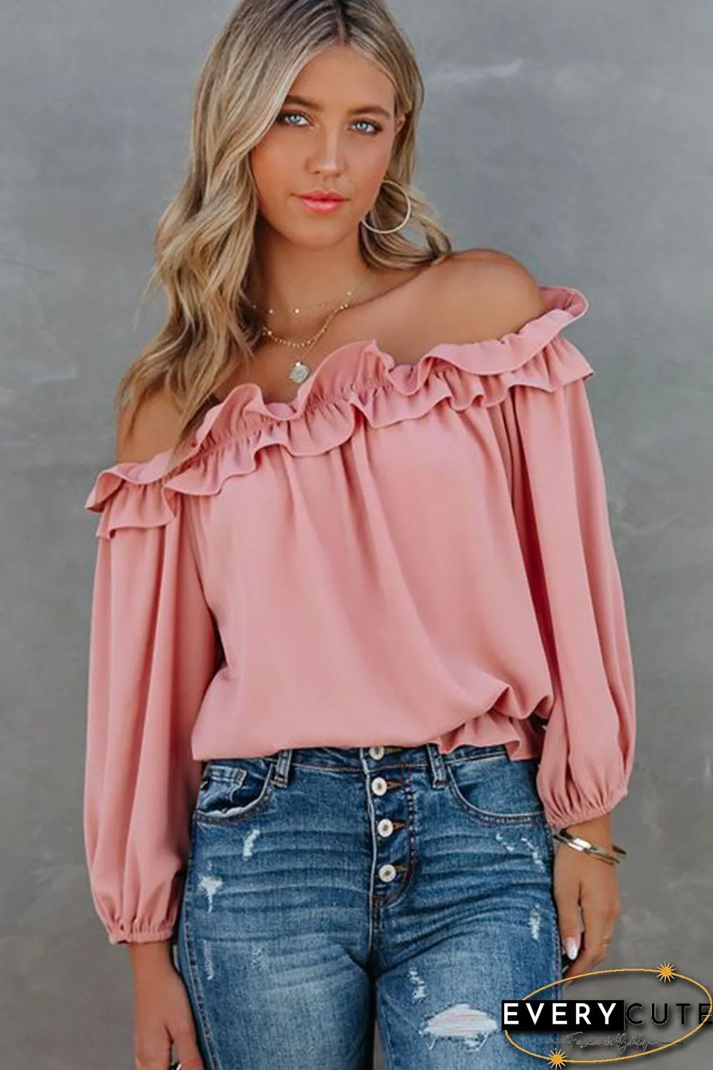 Pink Puff Sleeve Ruffled Off Shoulder Blouse