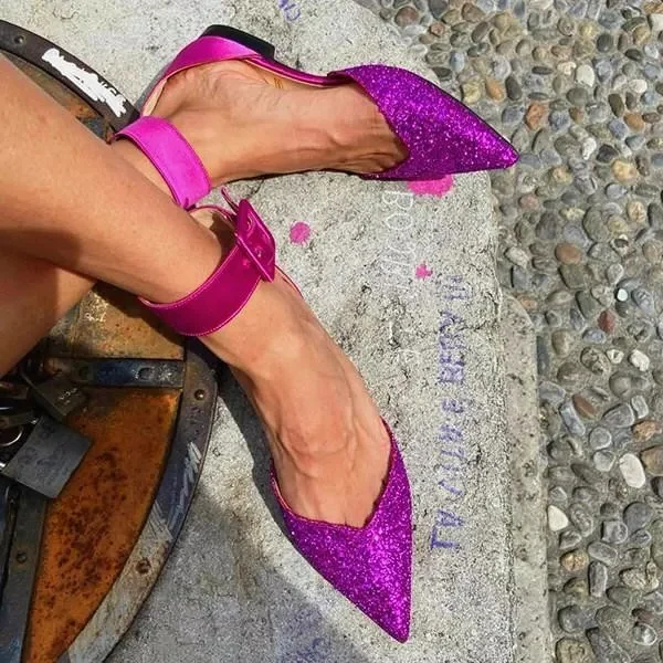 Purple Glitter & Satin Buckled Ankle Strap Pointed Toe Flats |FSJ Shoes