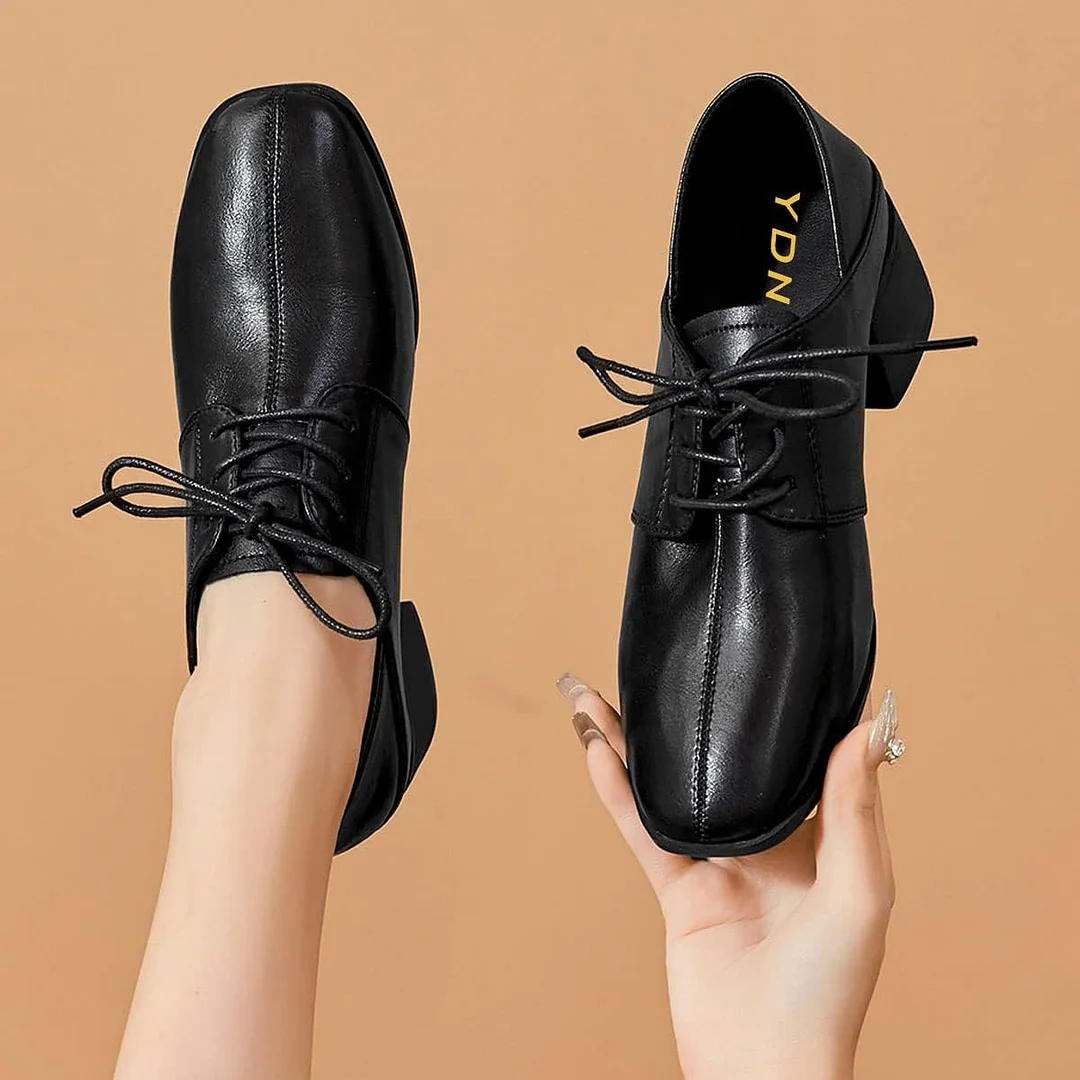 Casual Black Square Toe Block Heel Lace Up Women's Oxfords