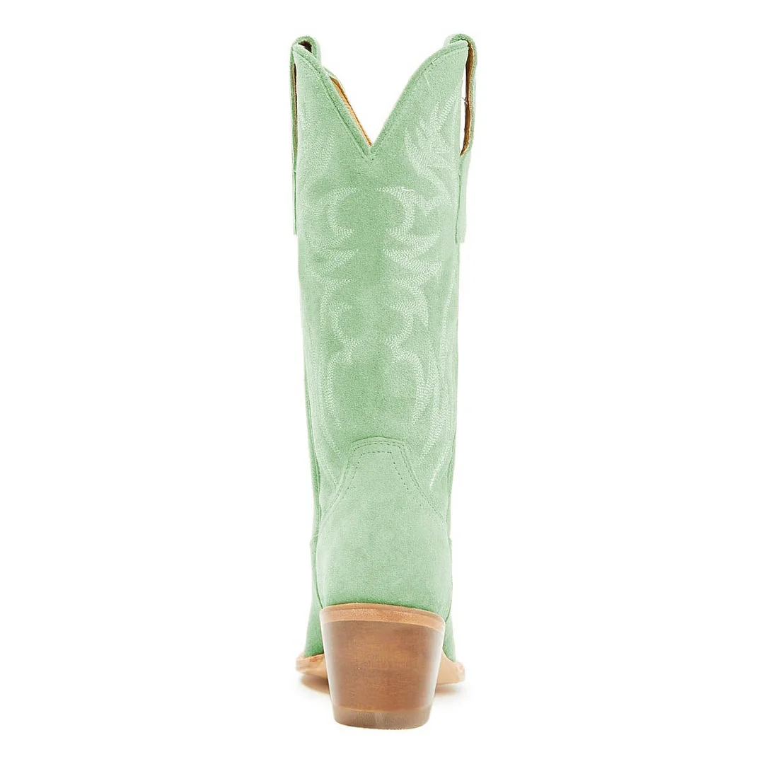 Light Green Vegan Suede Embroidered Cowgirl Boots with Pointed Toe