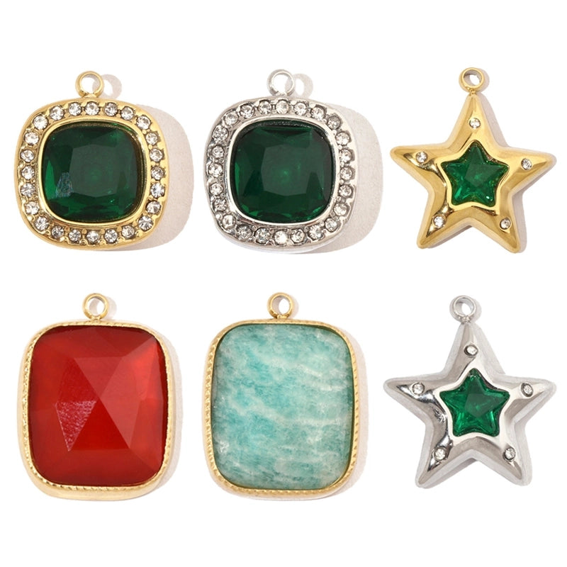 3 PCS/Package 13 * 15mm 14*18MM 15*17mm Titanium Steel Natural Stone Rhinestones Zircon Pentagram Square Pendant Jewelry Accessories