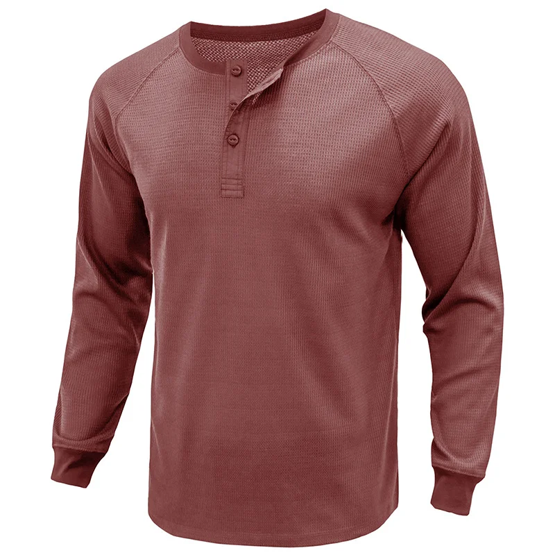 Men's Long-Sleeved Waffle Bottoming Henley Shirt  Tough Men Wear Solid Color Khaki & 6 More Colors