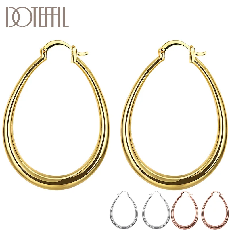 DOTEFFIL 925 Sterling Silver/Gold/Rose Gold Smooth U Circle Earrings For Women Jewelry