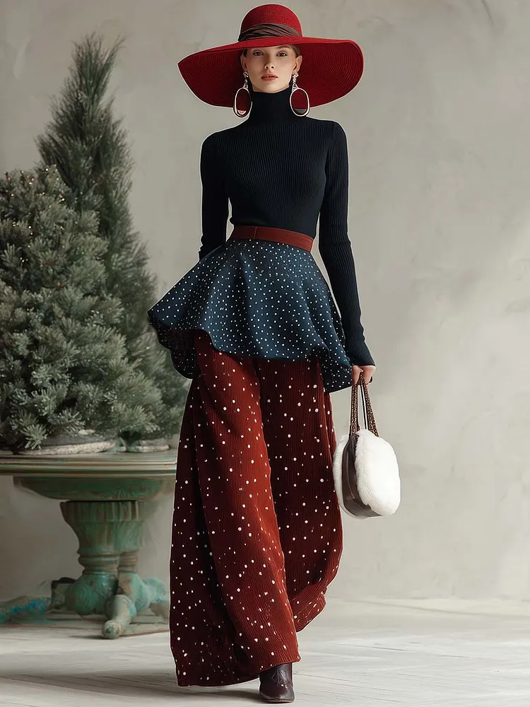 Elegant Black Turtleneck Top And Polka Dot Dark Blue And Red Contrast Pants Set