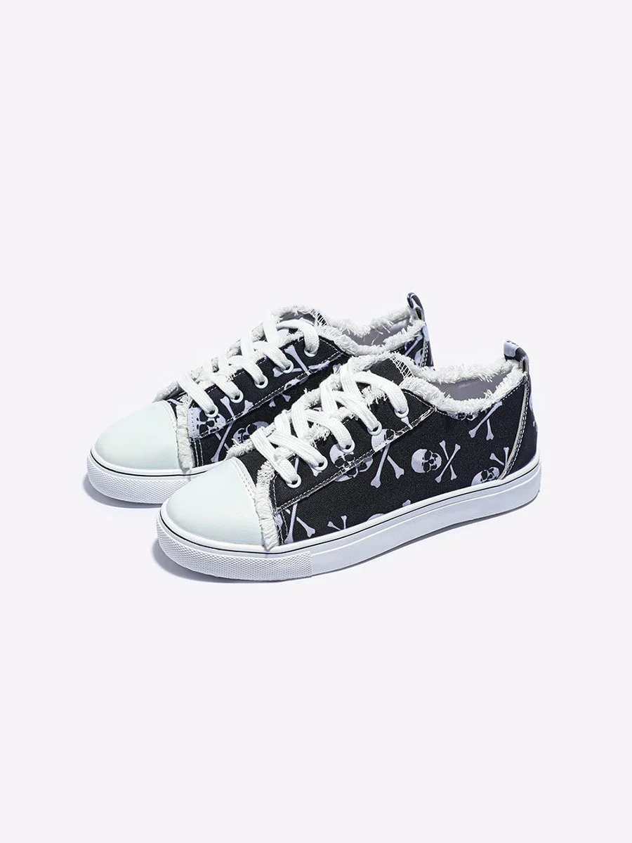 Skull Print Lace-up Frayed Canvas Sneakers