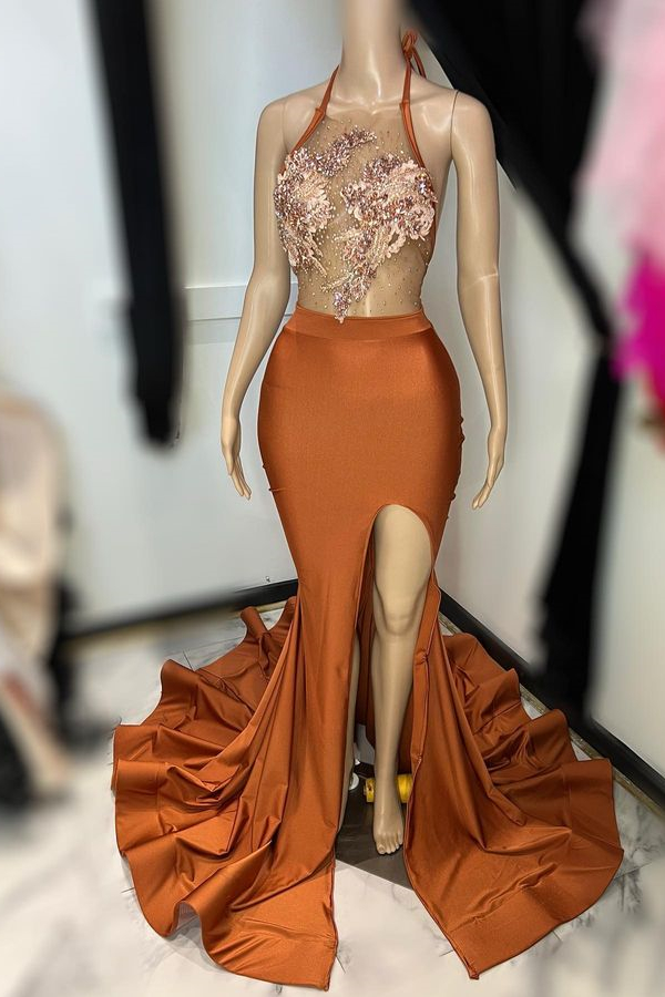 Gorgeous Burnt Orange Halter Sleeveless Mermaid Prom Dress Appliques With Split - lulusllly