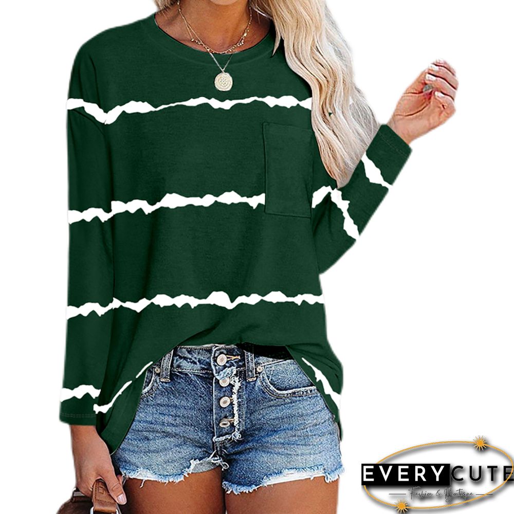 Green Tie-dye Stripe Print Long Sleeve Tops