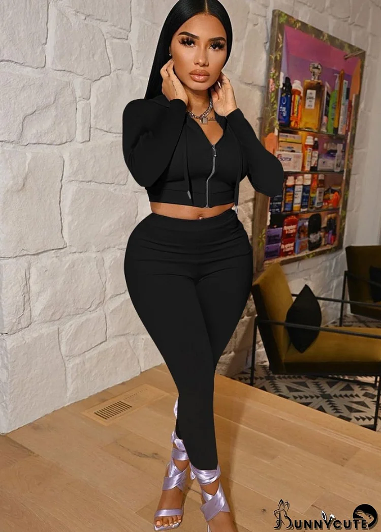 Fall Casual Black Long Sleeve Zipper Cropped Hoodies and Slim Pants Two Piece Set Sportswear Vendors