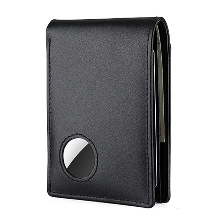 Genuine Leather Air Tag Wallet Anti-Lost Male Coin Purse for Father Gift (Black)