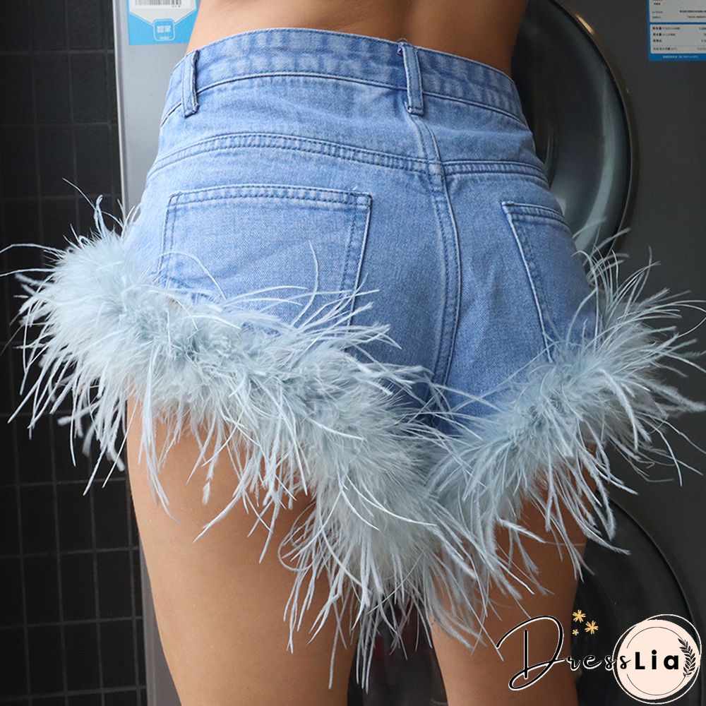 High Waist Feather Fur Patchwork Denim Shorts