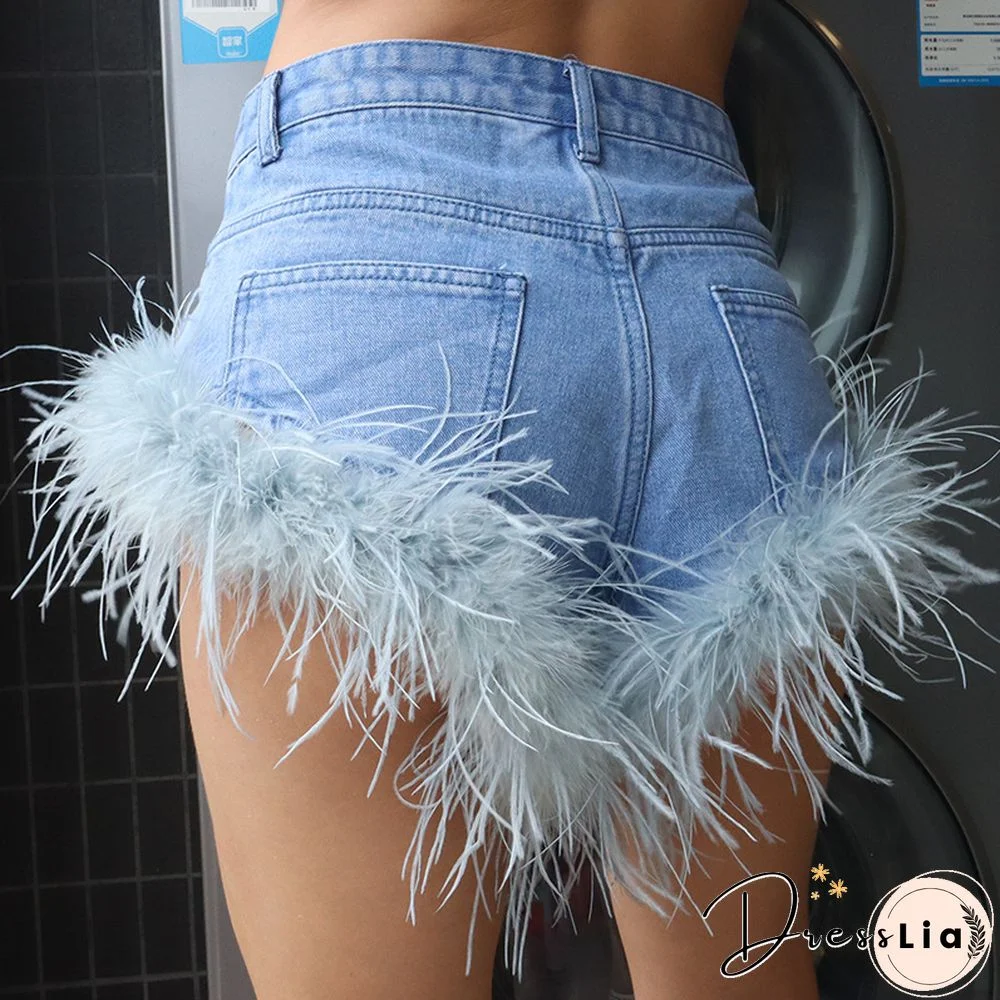 High Waist Feather Fur Patchwork Denim Shorts