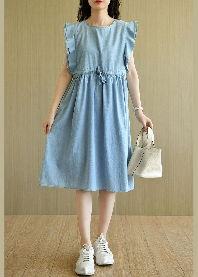 Denim Light Blue O-Necktie Waist Summer Cotton Dresses Sleeveless